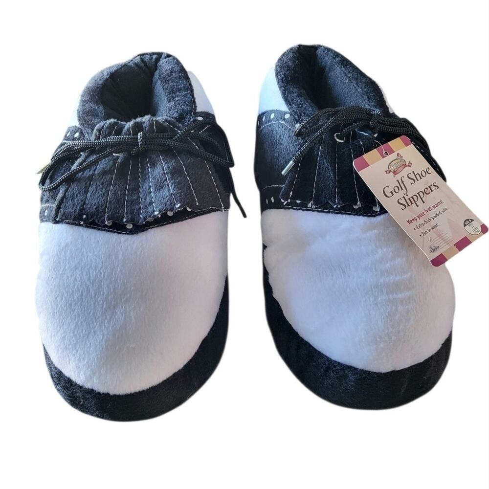 NWT Novelty Golf Shoe Adult Slippers Unisex Plush Black White Size S